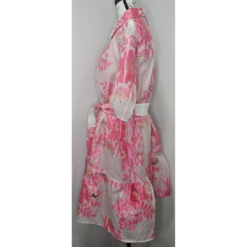 Gingham & Heels Glazer Pink Brocade Embroidered Floral Mini Belt Dress Size 16 - Picture 4 of 16